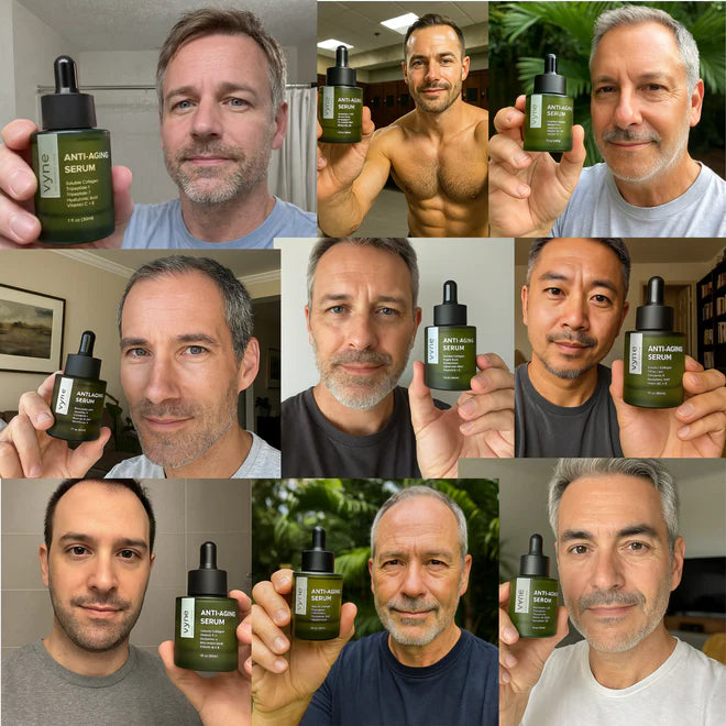 Collage of men holding VYNE Anti-Aging Serum