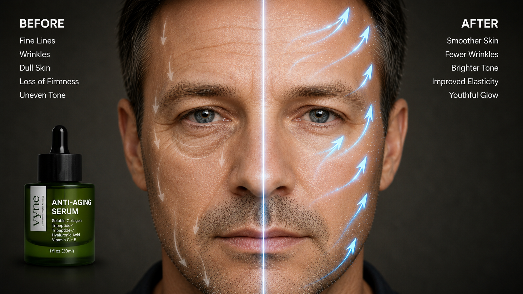Before and after VYNE face visual showing smoother-looking skin
