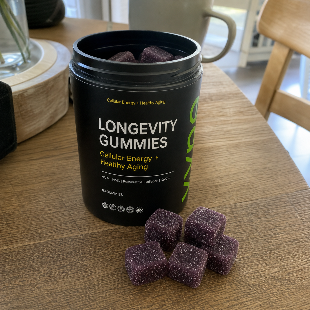 Customer photo of VYNE longevity gummies on a kitchen table