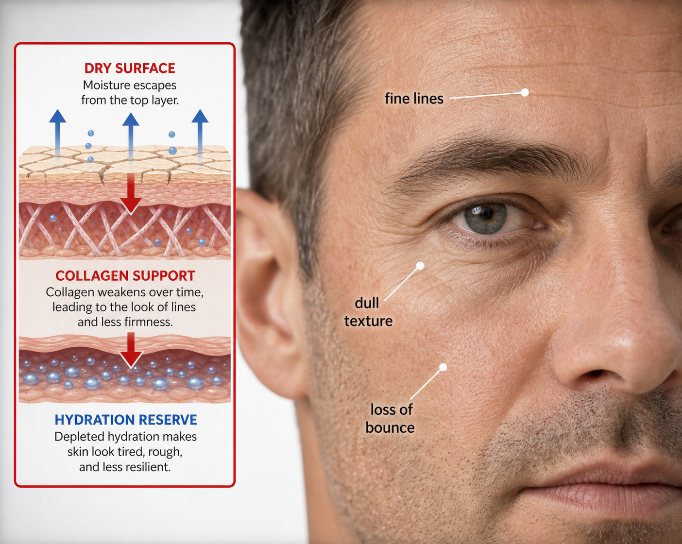 Dry surface, collagen support, and hydration reserve diagram for men's face aging