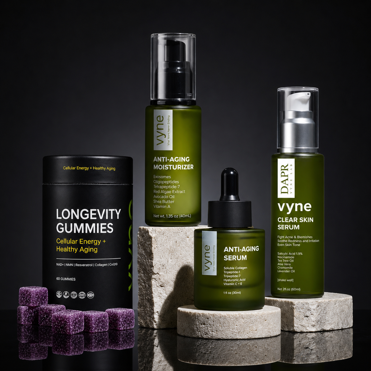 VYNE Ultimate Bundle skincare and gummies routine